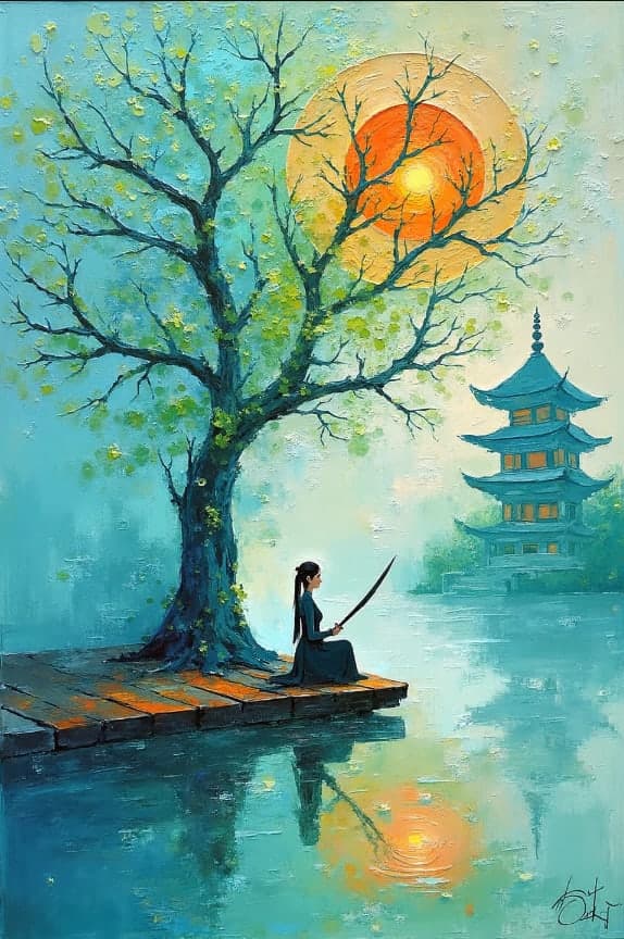 Woman Dark Robe Sword Dock Bare Tree Pagoda