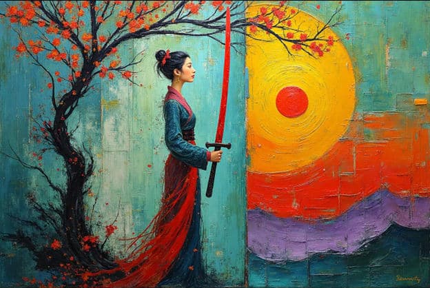 Pop Art Woman Red Sword Sun Teal Split Background