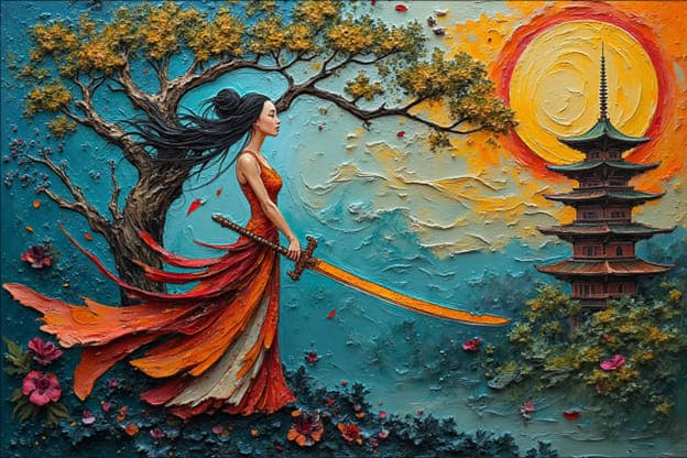 Textured Windswept Woman Red Dress Katana Pagoda