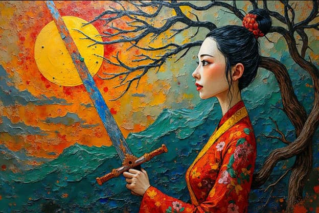 Textured Woman Red Gold Robe Blue Sword Tree