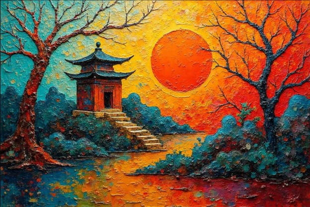 Textured Pagoda Staircase Bare Trees Red Sun