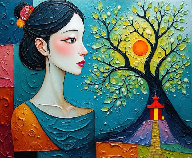 Textured Woman Blooming Tree Pagoda Sun Path