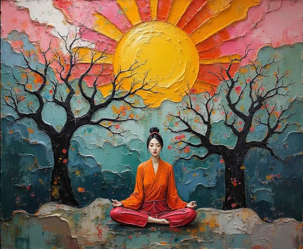 Woman Meditating Lotus Orange Robe Sunburst Trees