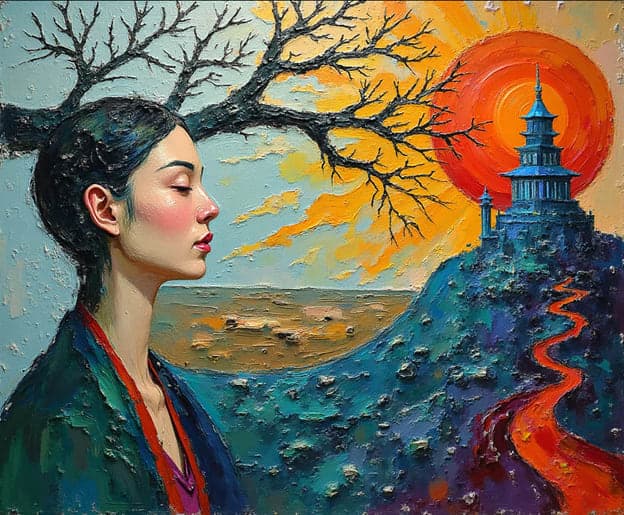 Woman Profile Bare Branch Pagoda Red Path Orange Sky