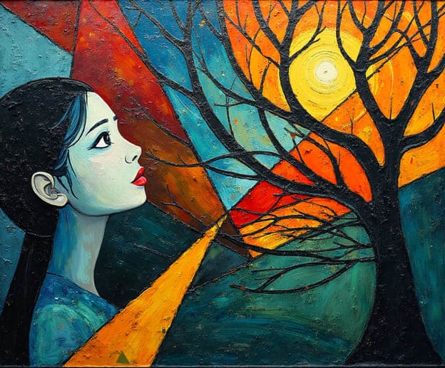 Cubist Woman Bare Tree Silhouette Orange Sun Flame Shape