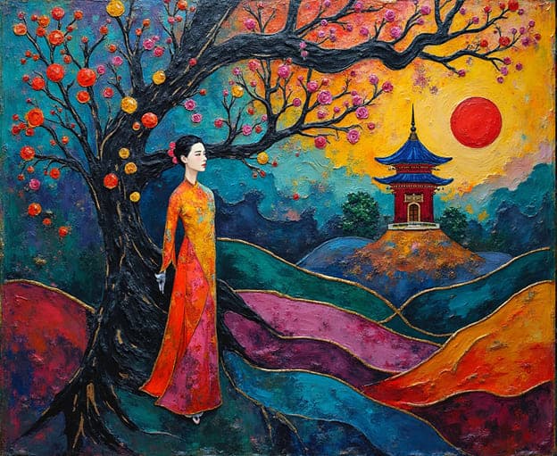Woman Floral Kimono Blossom Tree Pagoda Red Sun