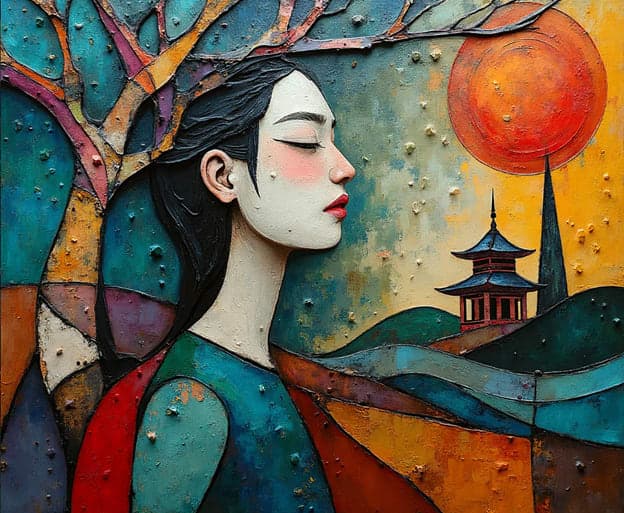 Mosaic Woman Profile Autumn Branches Orange Sun Pagoda