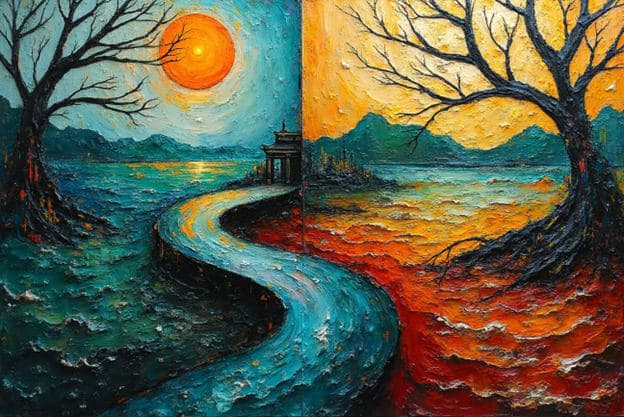 Split Scene Mirrored Trees Winding River Orange Sun Pagoda