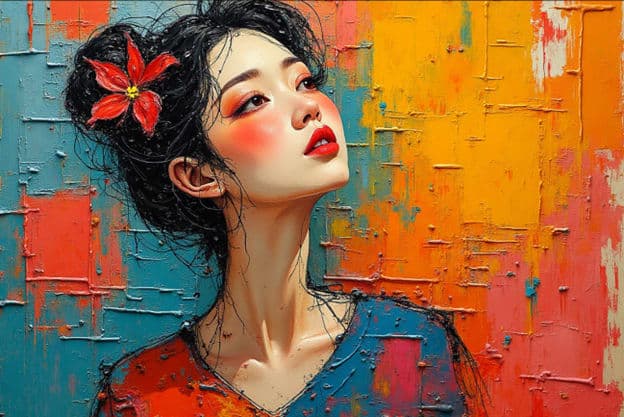 Woman Portrait Red Flower Hair Bun Abstract Textured Background