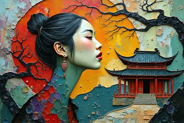 Woman Profile Bun Earring Bare Branches Red Sun Pagoda