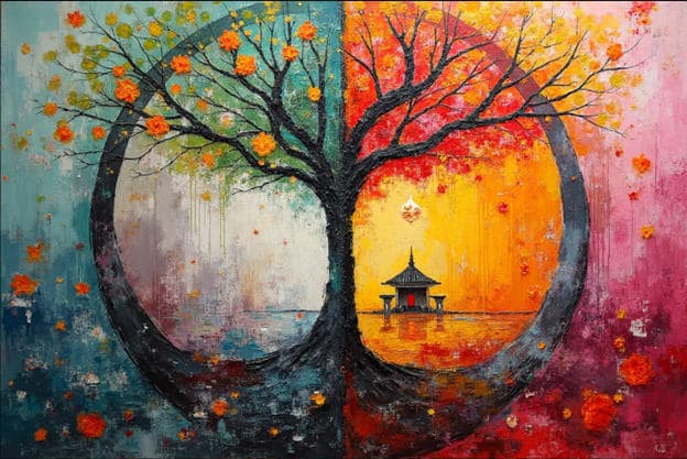 Yin Yang Blossom Tree Pagoda Reflection Split Circle