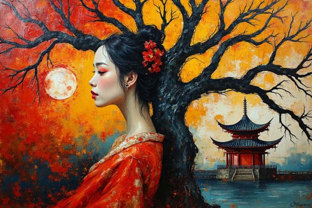 Woman Profile Red Flower Bare Tree Moon Pagoda Over Water