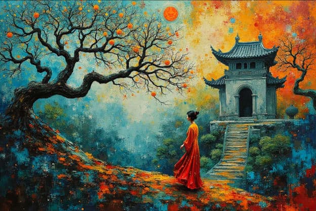 Woman Red Robe Stone Pagoda Tower Staircase Autumn Lanterns