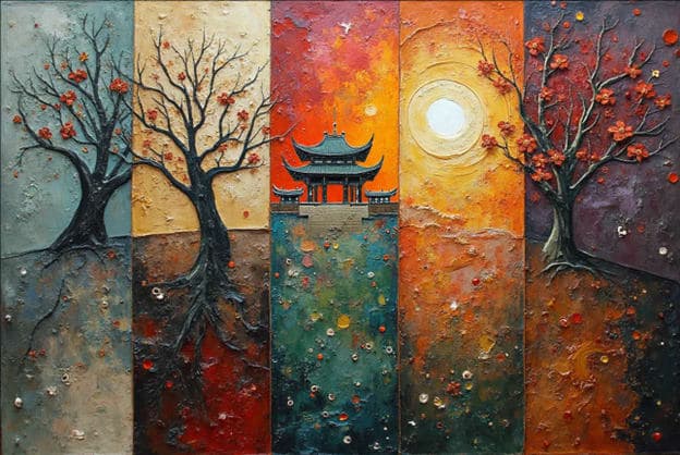Five Panel Blossom Trees Pagoda Full Moon Textured Blocks