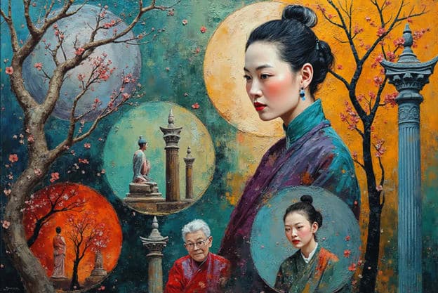 Woman Portrait Moon Cherry Blossoms Circular Vignettes Elders