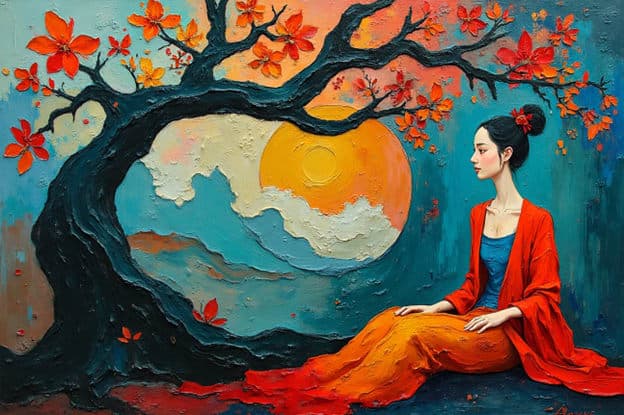 Seated Woman Red Kimono Blossom Tree Glowing Sun Clouds