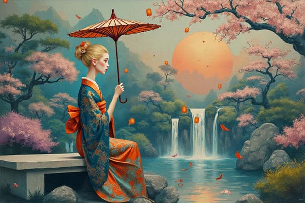 Woman Blonde Kimono Umbrella Cherry Blossoms Waterfall Koi Pond
