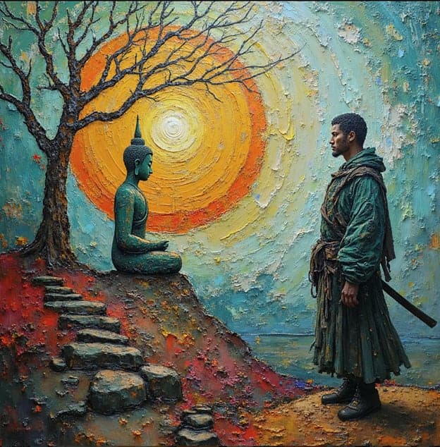 Seated Buddha Statue Radiant Sun Swordsman Stone Steps
