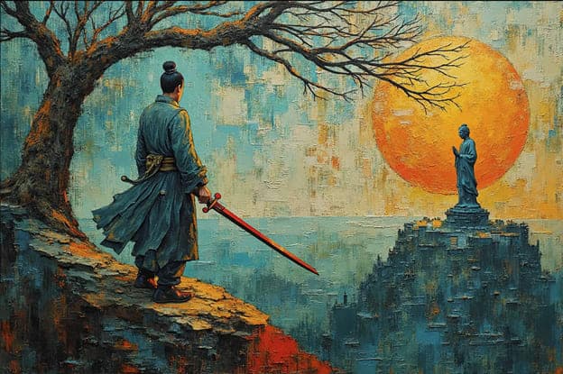 Samurai Back View Bare Tree Standing Buddha Rock Gold Sun