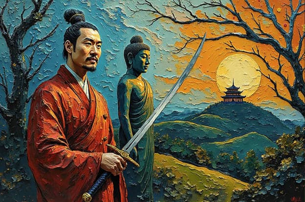 Warrior Red Robe Sword Blue Buddha Statue Pagoda Hill