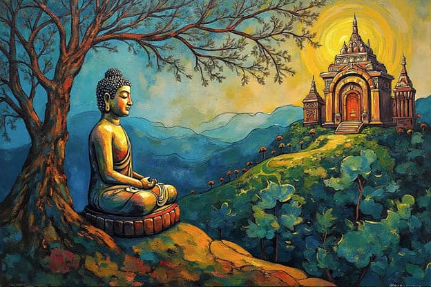 Seated Golden Buddha Bare Tree Ornate Temple Radiant Sunburst
