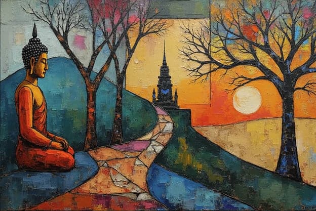 Golden Buddha Autumn Trees Stone Path Pagoda Spire Sun