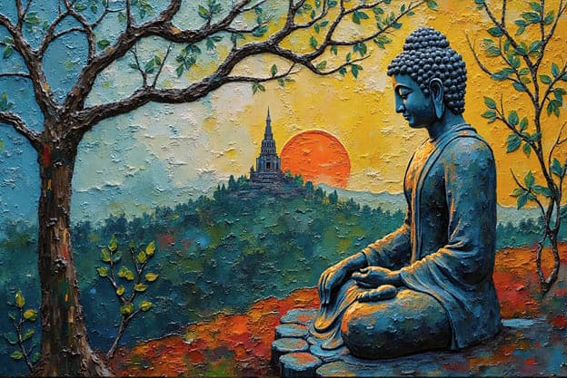 Seated Buddha Leafy Branches Distant Pagoda Orange Sunset Forest