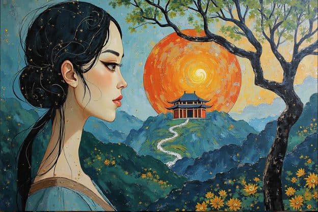 Woman Profile Sparkle Hair Spiral Sun Hillside Pagoda Yellow Flowers