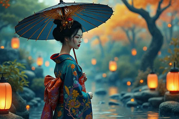 Geisha Elaborate Umbrella Lanterns Misty River Autumn Trees
