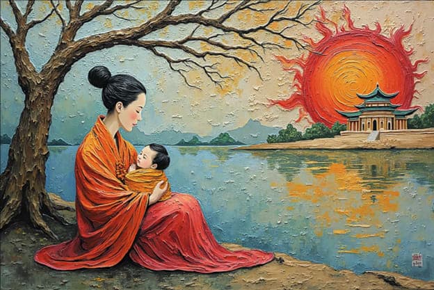 Mother Baby Bare Tree Lakeside Pagoda Fiery Red Sun