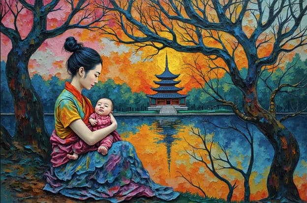 Mother Baby Autumn Trees Pagoda Temple Reflection Orange Sunset