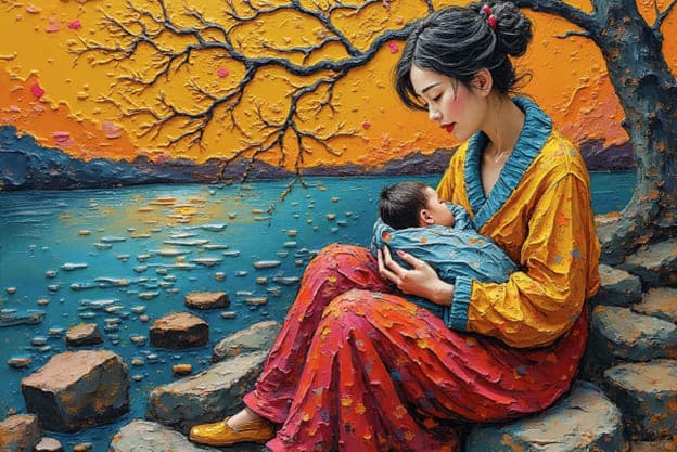 Mother Baby Yellow Robe Lakeside Bare Tree Rocky Shore