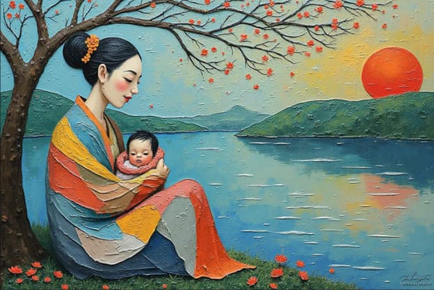 Mother Swaddled Baby Striped Robe Blossoming Tree Red Sun
