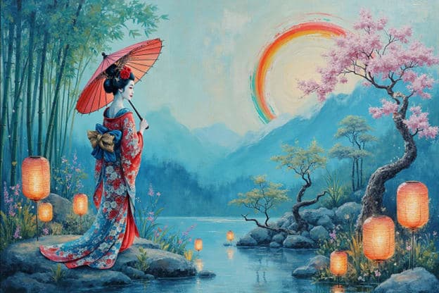 Geisha Red Umbrella Bamboo Rainbow Cherry Blossom Lanterns