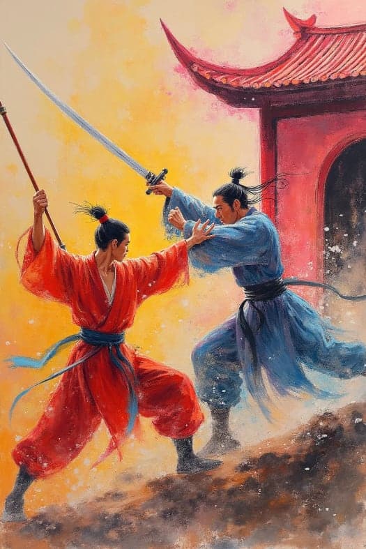 Samurai Sword Staff Duel Red Pagoda Gate Action