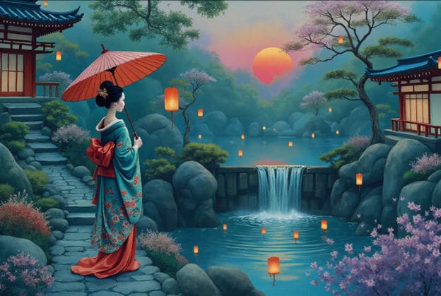 Geisha Orange Umbrella Stone Path Pagoda Waterfall Lanterns