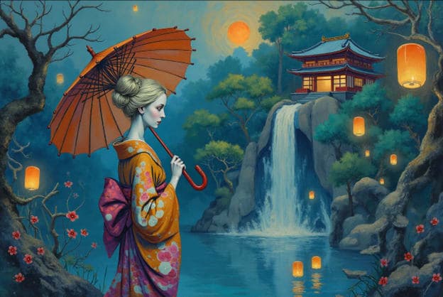 Blonde Woman Orange Kimono Umbrella Pagoda Waterfall Moon