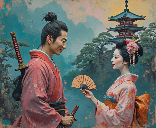 Smiling Samurai Geisha Folding Fan Pagoda Tower Mountains