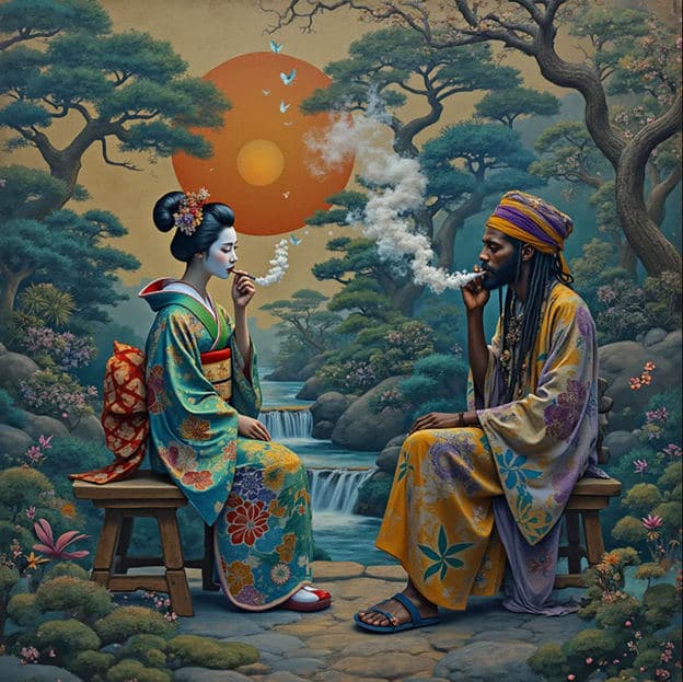 Geisha Man Smoking Bench Garden Waterfall Orange Sun