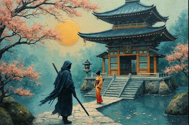 Hooded Swordsman Pagoda Temple Geisha Cherry Blossoms Moon