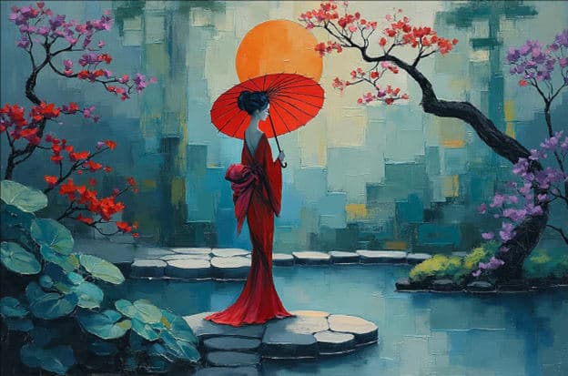 Geisha Red Umbrella Red Kimono Stepping Stones Pond Blossoms