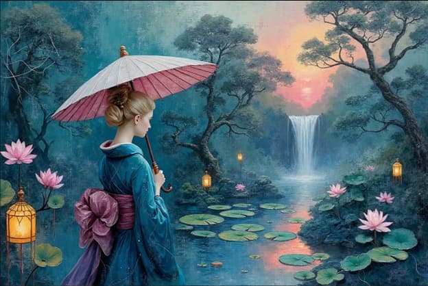 Blonde Woman Pink Umbrella Blue Kimono Waterfall Lotus Pond