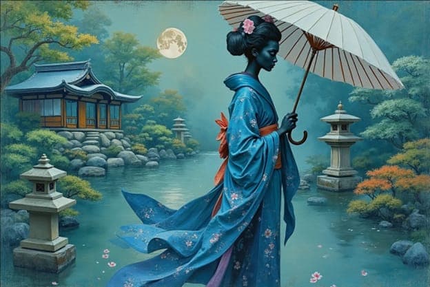 Blue Toned Geisha White Umbrella Full Moon Pagoda Garden
