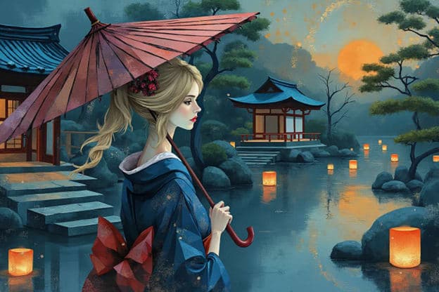 Blonde Woman Pink Umbrella Blue Kimono Pagoda Floating Lanterns