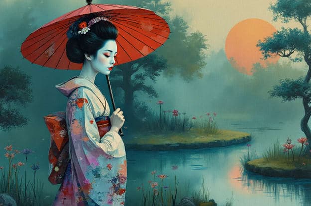 Geisha Red Umbrella Misty Pond Grass Islands Orange Sun