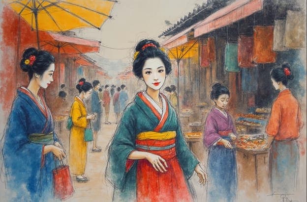Geishas Market Street Orange Umbrellas Vendor Stalls Watercolor