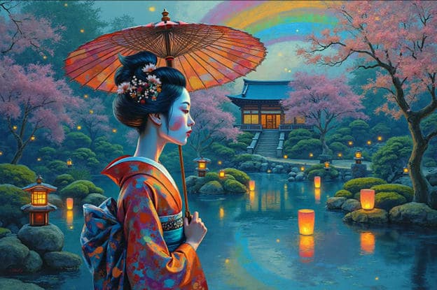 Geisha Orange Umbrella Rainbow Pagoda Cherry Blossoms Lanterns Pond