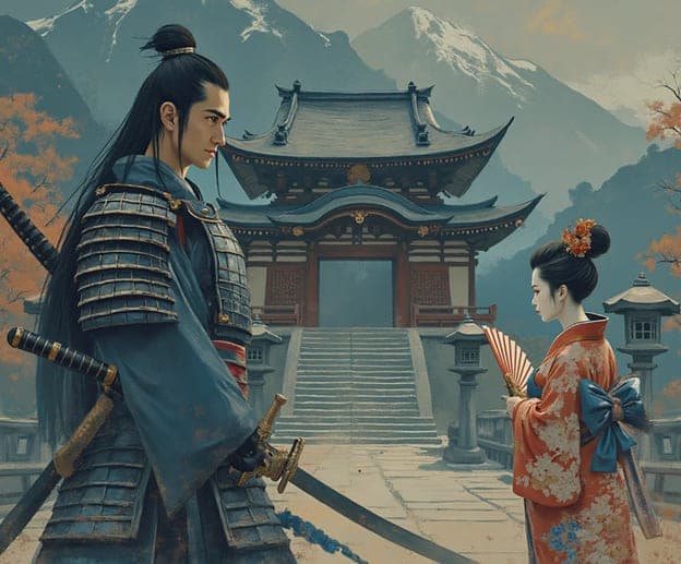 Armored Samurai Geisha Fan Temple Gate Snowy Mountains