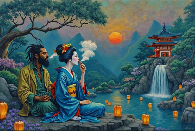 Geisha Man Smoking Waterfall Pagoda Lanterns Mountains