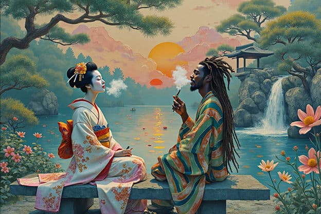 Geisha Man Smoking Lake Pink Flowers Pagoda Waterfall